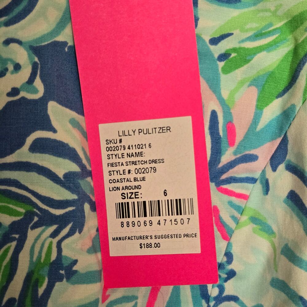 Lilly Pulitzer Size 6 New Fiesta Stretch Dress Coastal Tideline Floral Blue Lion - Picture 6 of 12